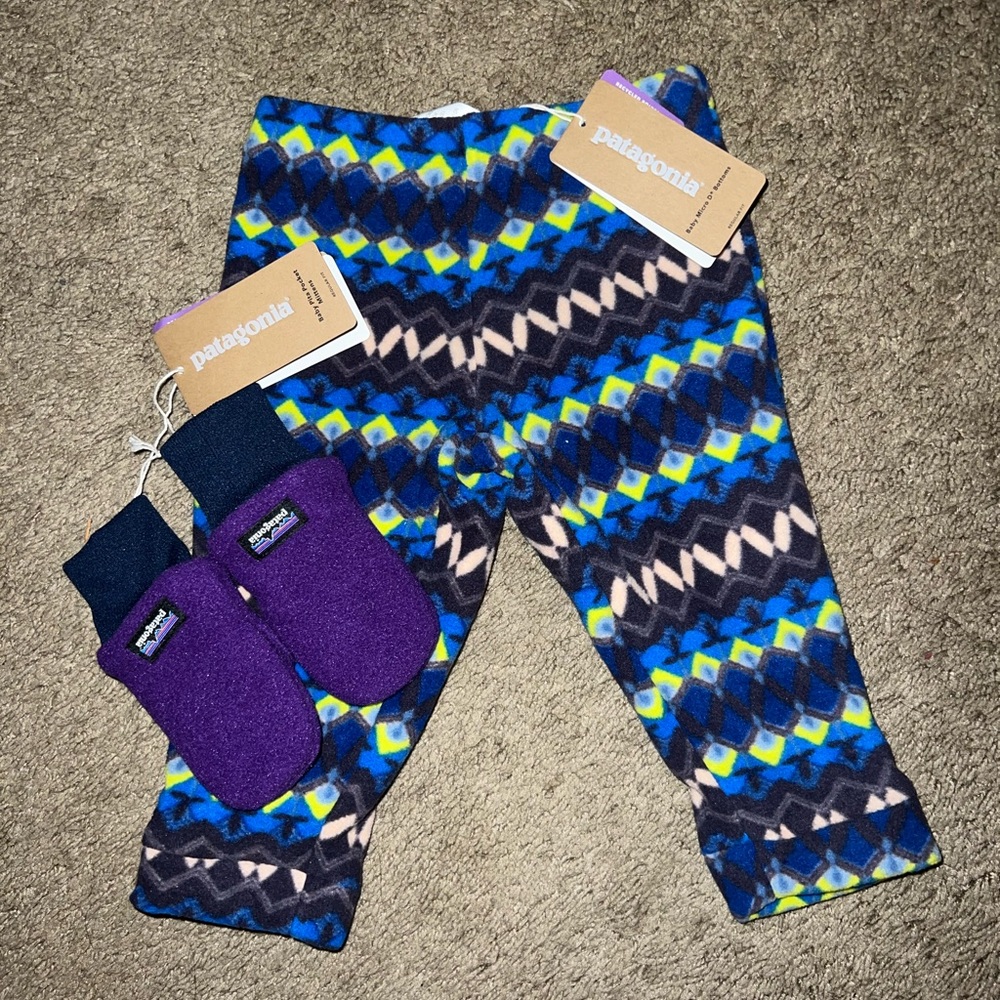 Patagonia 3-6 month fleece pants and mittens NWT